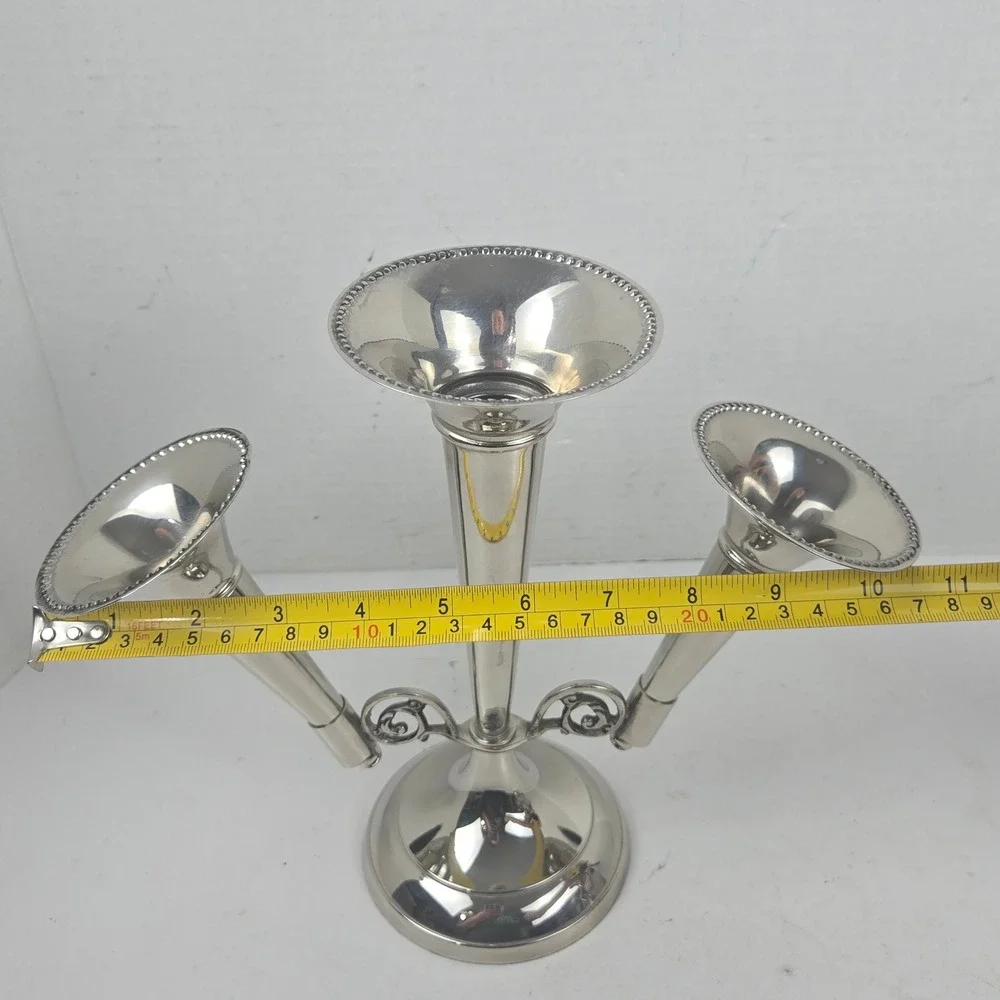 Vintage Silver-plated 3-Arm Trumpet Epergne Beaded Edge Vases 9.5x11